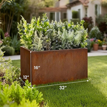 Corten Steel Corner Metal Planter Box L32 x W12 x D16 Garden Steel Planter Pot for Patio Modern Farmhouse Rustic Design (L32 x W12 x D16, Rusted)