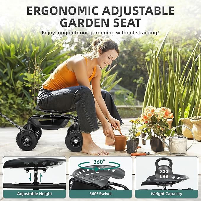 Rolling Garden Cart with 360° Swivel Work Seat, Adjustable Height, 10" Pneumatic Tires, Tool Tray & Storage Basket, Extendable Handle, Reduces Back & Spine Strain
