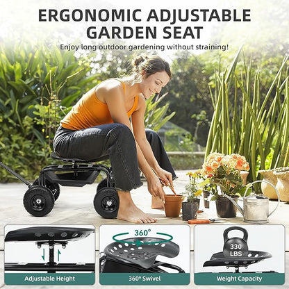Rolling Garden Cart with 360° Swivel Work Seat, Adjustable Height, 10" Pneumatic Tires, Tool Tray & Storage Basket, Extendable Handle, Reduces Back & Spine Strain