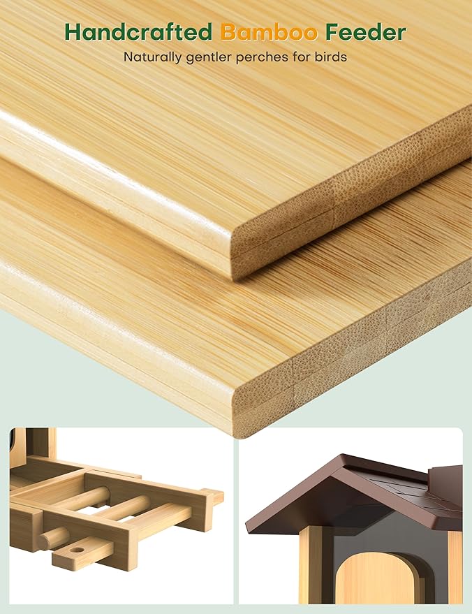 Bird Feeder with Camera: Eco Natural Bamboo Build | 160° Wide View | 2.5K Live Video | AI Auto Identify 12000+ Birds Species | Instant Arrival Alerts | Solar Smart Bird Feeders for Outdoors