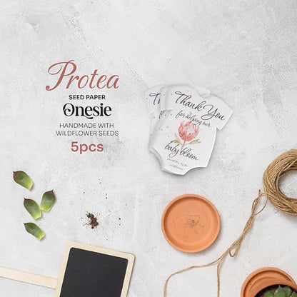 Onesie Seed Paper – 5 Protea Baby Shower Favors for Guests with Wildflower Seeds, Writable & Plantable, Baby Shower Gifts for Guest