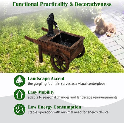 Carbonized Wood Outdoor Freestanding Fountain - Movable Vintage Hand Pump Cart, Plug-in Water Pump Electric Decorative Water Feature for Patio, Garden & Indoor Decoration
