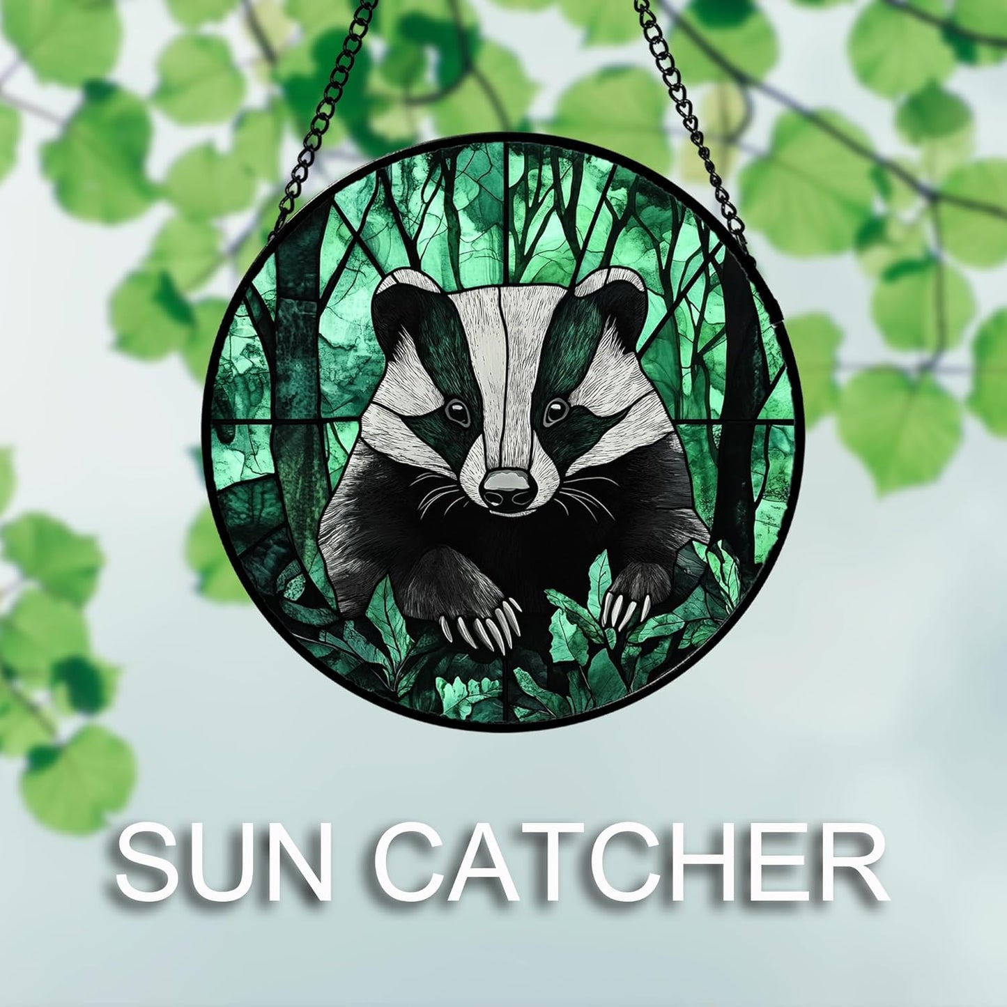 Stained Glass Window Hanging 4 Pcs Set Green Forest Night Sky Wildlife Large 15" - Suncatcher Door Garden Sun Catcher Decor Birthday for Mom Woman Nana Men Friend