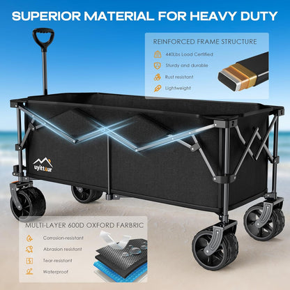 300L Extra Large Collapsible Foldable Wagon, 440lbs Load Capacity 48''L Extended Heavy Duty Folding Beach Wagon with Big All-Terrain Wheels, Utility Garden Cart for Outdoor Activities, Black