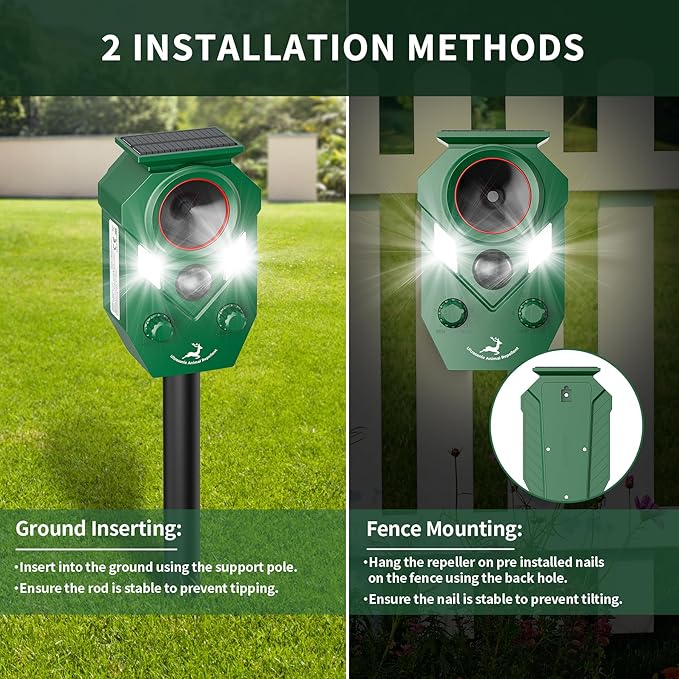 Ultrasonic Deer Repellent Devices Outdoor, 4 Pack Solar Animal Repellent Outdoor for Yard Garden Rabbit Repellent Device Effective Repel Cat, Dog, Squirrel, Deer, Raccoon, Rabbit, and Skunk