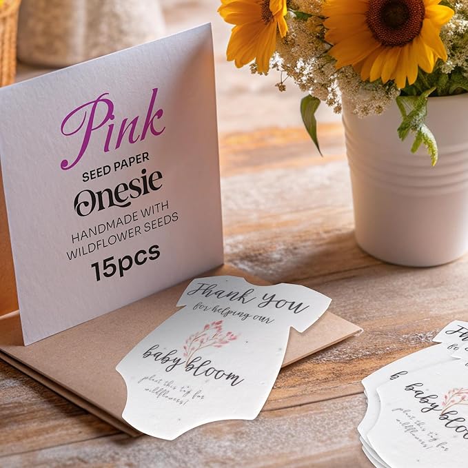 Onesie Seed Paper – 15 Pink Baby Shower Favors for Guests with Wildflower Seeds, Writable & Plantable, Baby Shower Gifts for Guest