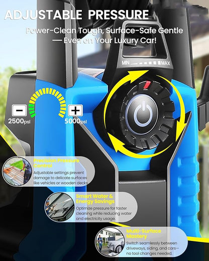 5000PSI Pressure Cleaner 4.0 GPM Adjustable Pressure,4.0 GPM Power Cleaner with Foam Cannon,4 Nozzles,33FT Hose and 500ml Soap Bottle for Home/Cars/Driveways/Patios/Fences(Blue)