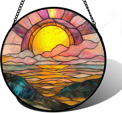 Stained Glass Window Hanging, Sunrise Over The Sea Suncatcher Diamond Glass Panel Hangings Abstract Sun Catchers Decor for Birthday for Women, Men, Wife, Aunt, and Mom 11.8 in