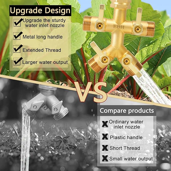EBH Brass Garden Hose Splitter Full Flow, Outdoor Faucet Heavy Duty Hose Splitter 4 Way High Flow, 3/4-Inch Multi-Angle Spout with 4 Individual On/Off Valve and Extended Handle