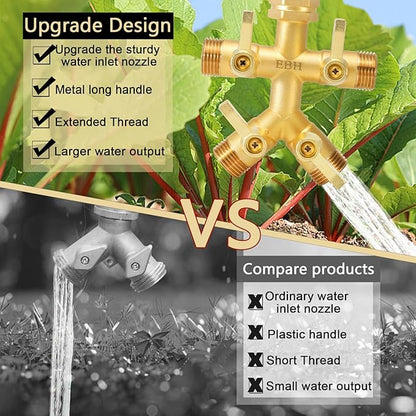 EBH Brass Garden Hose Splitter Full Flow, Outdoor Faucet Heavy Duty Hose Splitter 4 Way High Flow, 3/4-Inch Multi-Angle Spout with 4 Individual On/Off Valve and Extended Handle