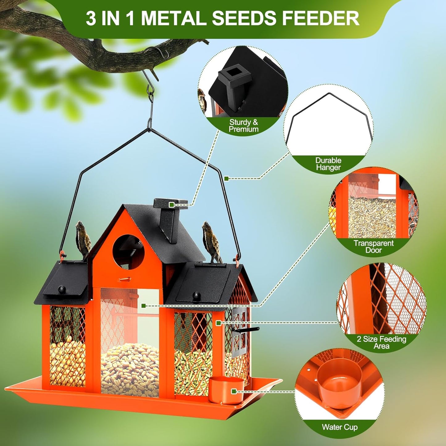 Solar Bird Feeders House for Outdoors Hanging, 7LBS Large Capacity Metal Wild Bird Feeder Squirrel Proof for Outside with Water Cup, Cardinal Birdfeeder Birdhouses Gift for Bird Lovers (Orange)