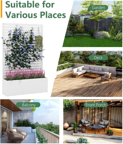 2PCS Metal Planter Box with Trellis,70.9"x47.2"x15.7" Raised Garden Bed with Drainage Holes, Privacy Planters for Outdoor Garden Bed for Climbing Plants,Vegetables,and Vines, White-louvered