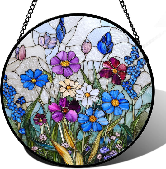 Stained Glass Window Hanging Blue Purple Wildflowers Large 15" - Suncatcher Door Garden Sunroom Sun Catcher Home Decor Birthday Christmas for Mom Men Woman Nana Friend