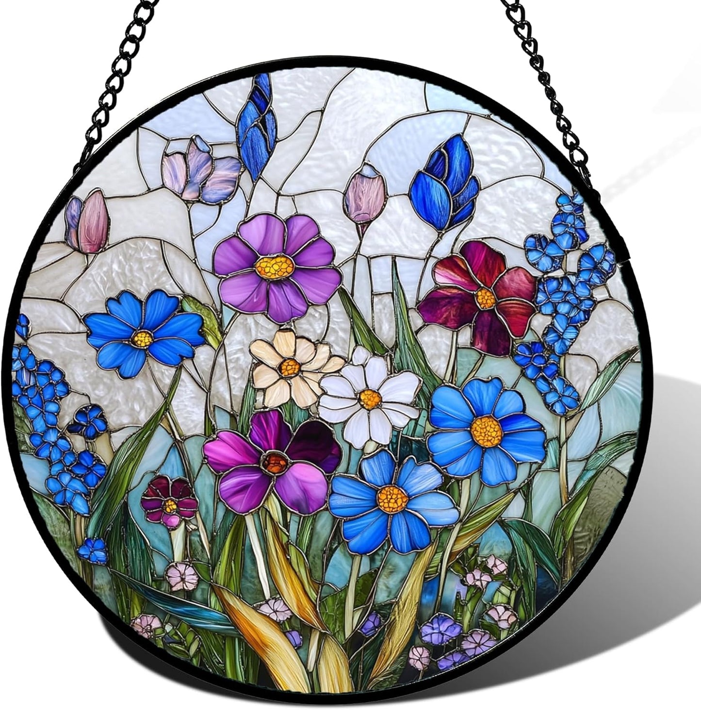 Stained Glass Window Hanging Blue Purple Wildflowers 9.8" - Suncatcher Door Garden Sunroom Sun Catcher Home Decor Birthday Christmas for Mom Men Woman Nana Friend