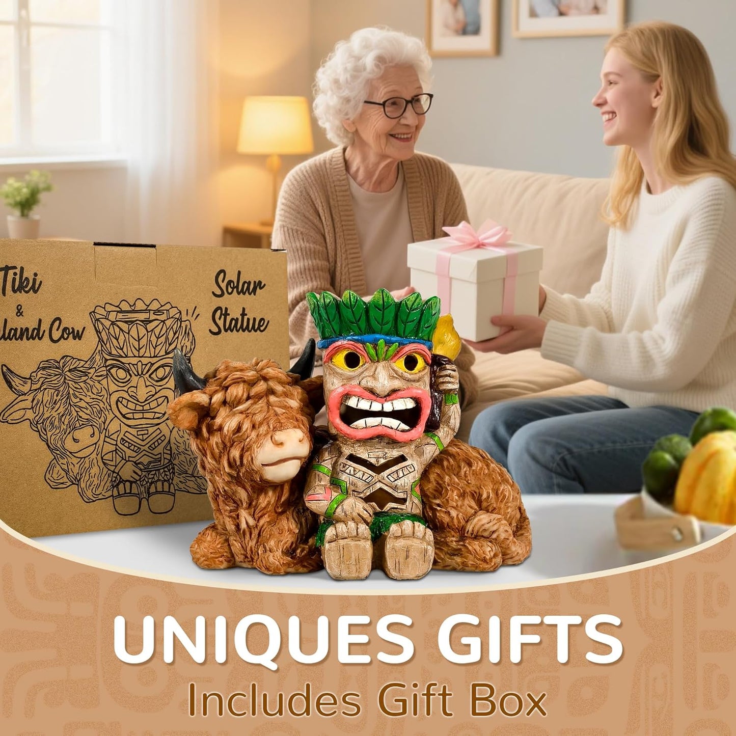 Funny Tiki Highland Cow Solar Garden Statue with LED Light - Outdoor Yard Lawn Patio Decor - Great Birthday Housewarming Gift for Women, Mom, Grandma