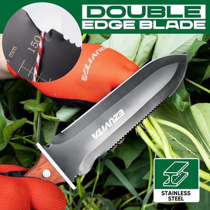 Hori Hori Garden Knife, Gardening Tools with Leather Sheath for Weeding, Gardening, Digging, 7” Stainless Steel Blade with Double Cutting Edge, Full Tang Wood Handle with Hanging Hole