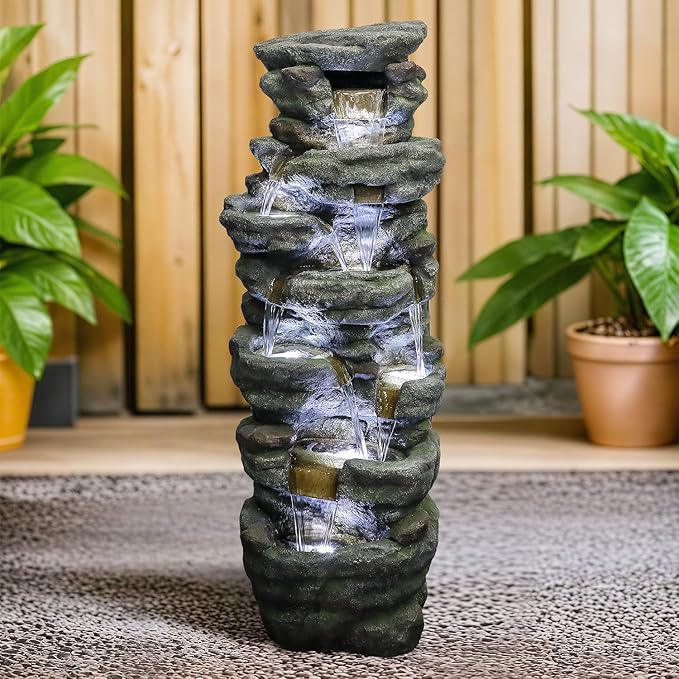 SunJet 51" High Multi-Tiers Cascading Rock Outdoor Water Fountain with LED Lights - Large Outdoor Resin Fountains and Waterfalls for Garden or Patio, Yard, Deck Decor, Featuring Natural Stone Look
