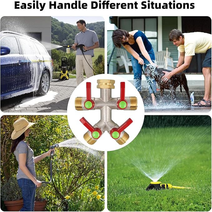 Hose Splitter 4 Way, Brass High Flow Garden Hose Splitter Heavy Duty, Hose Connector, Water Spigot Splitter, Full Flow Faucet Splitters with Shutoff, 3/4” GHT Inlet
