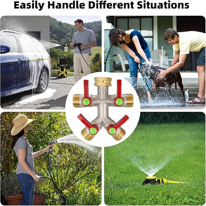 Hose Splitter 4 Way, Brass High Flow Garden Hose Splitter Heavy Duty, Hose Connector, Water Spigot Splitter, Full Flow Faucet Splitters with Shutoff, 3/4” GHT Inlet