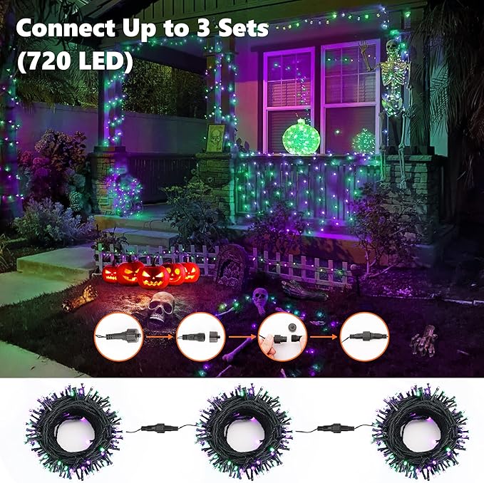 Brizled Purple & Green Halloween Lights, 78.74ft 240 LED Spooky Light String Extendable, 8 Modes Halloween Lights, Plug-in Purple Green Fairy Light with Timer for Indoor Outdoor Tree Decor
