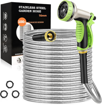 GOXAWEE Garden Hose 100FT, Stainless Steel Heavy Duty Water Hose With 10 Function Nozzle, No-Kink, Tough & Flexible, Sturdy and Lightweight, Rust Proof for Yard, Outdoor, RV