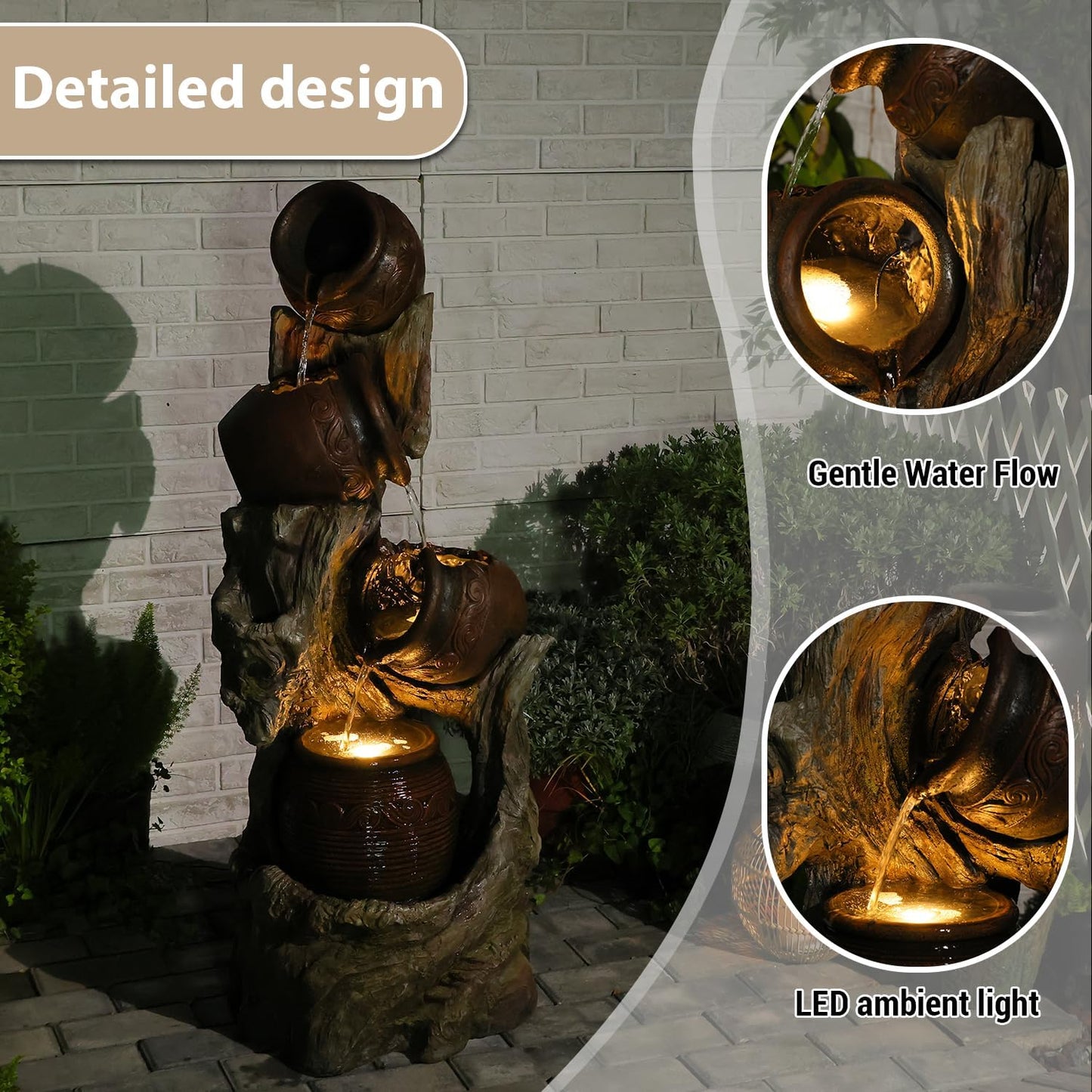Freestanding Outdoor Fountain - Garden Water Feature with LED, Cascading Jar & Faux Wood Design for Patio/Backyard