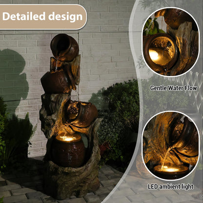 Freestanding Outdoor Fountain - Garden Water Feature with LED, Cascading Jar & Faux Wood Design for Patio/Backyard