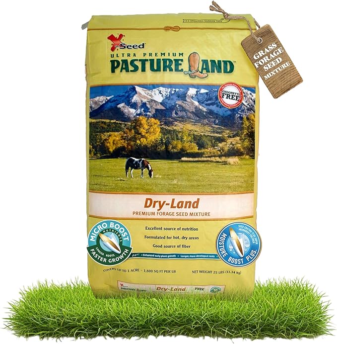 X-Seed Pasture Land Dry-Land Forage Seed Mixture with Micro-Boost – Tall Fescue Orchard Grass Ryegrass Endophyte Free Pasture for Safe Nutrition of Livestock, Formulated for Dry Areas – 25-Pound Bag