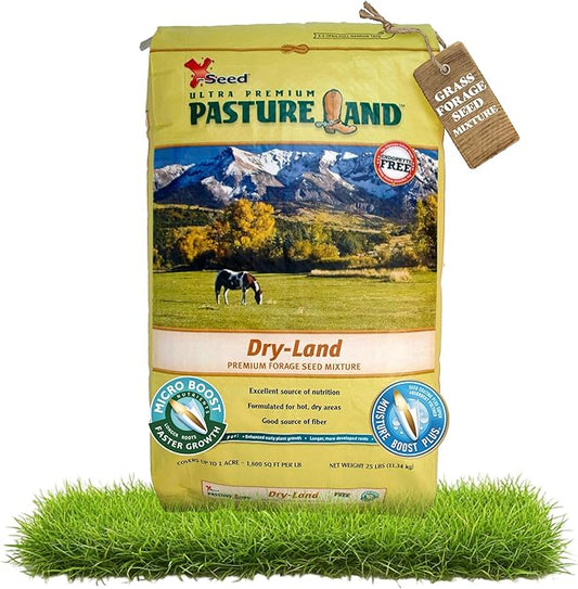 X-Seed Pasture Land Dry-Land Forage Seed Mixture with Micro-Boost – Tall Fescue Orchard Grass Ryegrass Endophyte Free Pasture for Safe Nutrition of Livestock, Formulated for Dry Areas – 25-Pound Bag