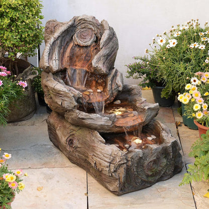 31.5" L Garden Water Fountain Outdoor, Artifical Imitation Wood Outdoor Water Fountain Natural Waterfall with LED Lights for Patio,Porch,Backyard,Home Art Decor（Resin）