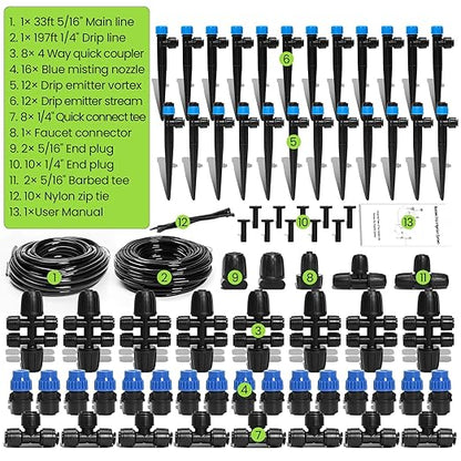 Bonviee Drip Irrigation System, 230FT Garden Watering System with Quick-to-Connect Fittings, Adjustable Drip Emitters, 1/4” & 5/16” Tubing, Drip Irrigation Kit for Raised Garden Beds, Greenhouse, Lawn