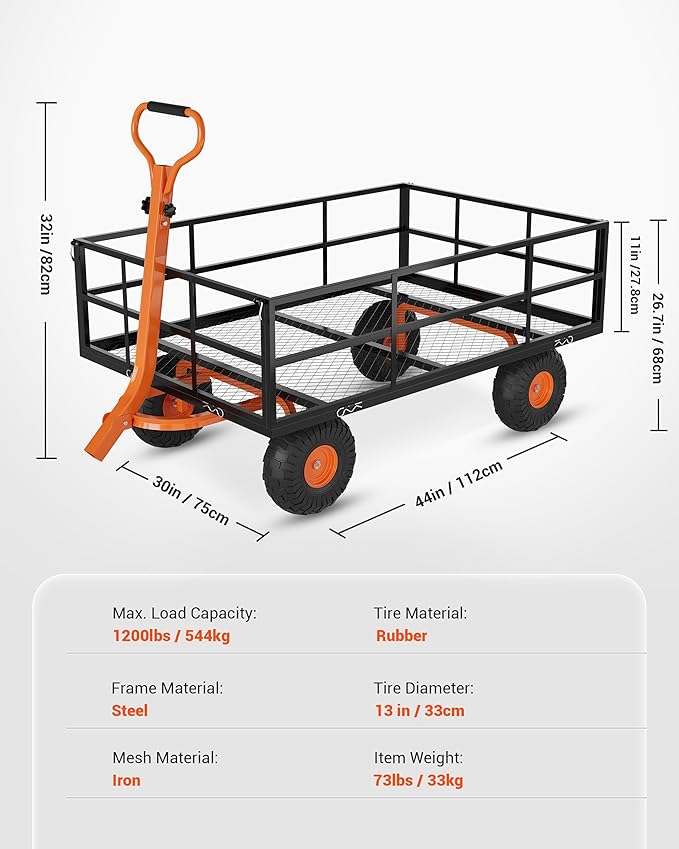 Versatile Garden Cart for Lawn and Yard with Heavy Duty Steel, 1200 Lbs Capacity Mesh Steel Garden Cart Folding Utility Wagon with Removable Side Panels, Long Handle, 10" Tires - Black and Orange