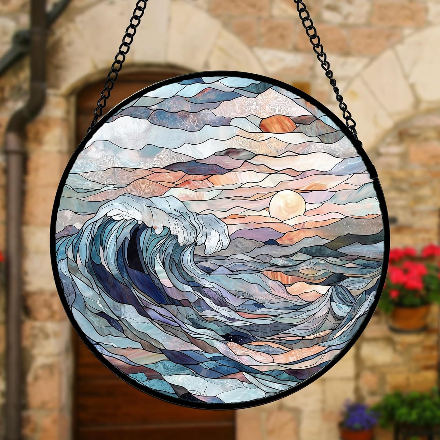 Stained Glass Window Hanging, Sunrise Waves Sun Catchers Diamond Glass Panel Hangings Abstract Suncatcher Decor for Birthday for Women, Men, Wife, Aunt, and Mom 7.8 in