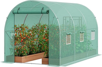 VEVOR Walk-in Tunnel Greenhouse, 11.3x6.4x6.3 ft Hoop House Greenhouse Tunnel, Plant Hot House with Galvanized Steel Frame, Green PE Cover, Roll-up Zipper Door and 6 Windows for Outdoor