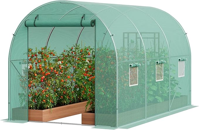 VEVOR Walk-in Tunnel Greenhouse, 9.6x6.4x6.2 ft Hoop House Greenhouse Tunnel, Plant Hot House with Galvanized Steel Frame, Green PE Cover, Roll-up Zipper Door and 6 Windows for Outdoor