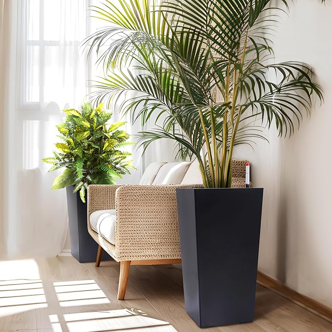 GarveeLife 22.5 in Tall Planters Set of 2, Outdoor＆Indoor Black Planter Pots, High Front Porch Planter Pots with Drainage Holes＆Water Level Monitor＆Inner Bucket, Automatic Watering, Black