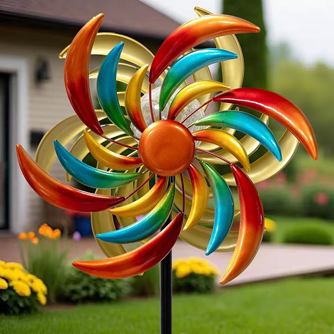 360° Wind Spinners Outdoor with Solar Lights Colored Leaves Garden Decor Yard Lawn Art Decor for Patio Kinetic Windmills Unique Gifts for Friends and Family 60.63'' H x 13.38'' Dia