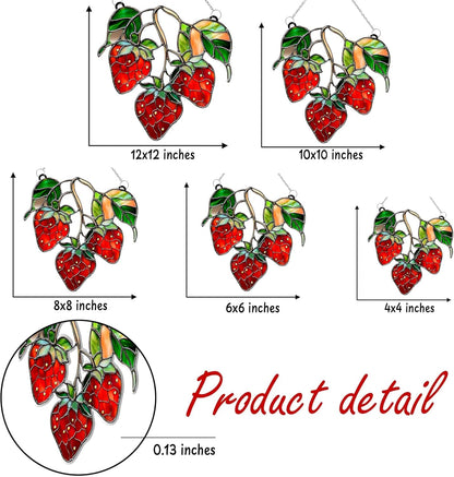 Strawberries Branch Acrylic Suncatcher Stained Glass Effect Window Car Hanging Christmas Ornament Indoor Outdoor Decor Garden Sun Catcher Panel for Berry Lover for Women Mom Grandma