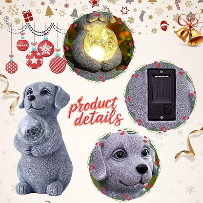 Dog Garden Statues - 8.4 Dog Decor with Gazing Ball LED Lights, Unique Gifts for Mom Grandma Birthdays, Outdoor Decor for Outside Lawn Porch Patio (Gray)