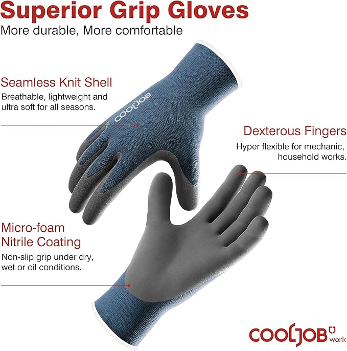 COOLJOB 2 Pairs Micro-Foam Nitrile Safety Work Garden Gloves with Touchscreen Fingers, Lightweight Working for Men’s Sweaty Hands, Non-slip Coated Grip Fits Most Tasks, Small, Blue & Black