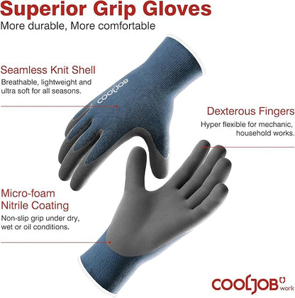 COOLJOB 2 Pairs Micro-Foam Nitrile Safety Work Garden Gloves with Touchscreen Fingers, Lightweight Working for Men’s Sweaty Hands, Non-slip Coated Grip Fits Most Tasks, Small, Blue & Black