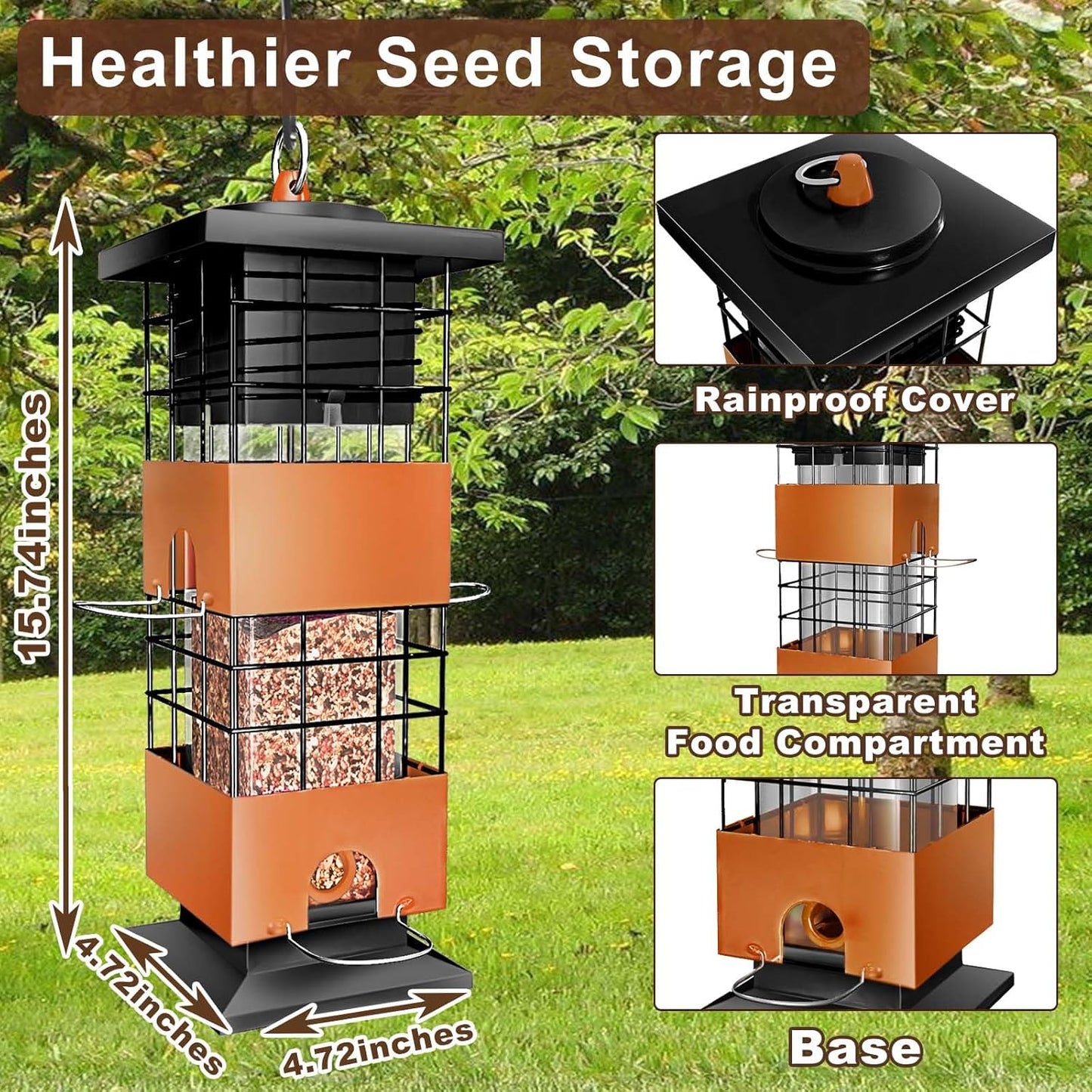 Squirrel Proof Bird Feeder, 3Lbs Hanging Anti-Squirrel Bird Feeders for Outdoors, Metal Weight-Activated Perches Wild Birdfeeder for Blue Jay, Cardinal (Brown)