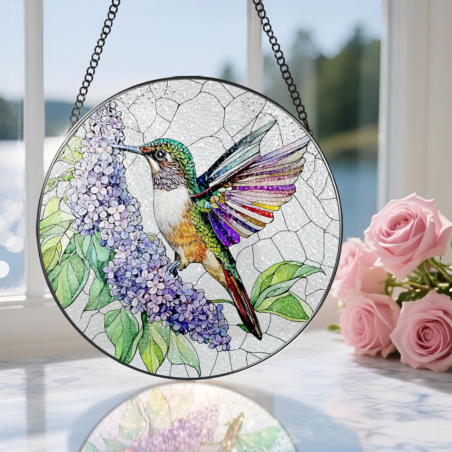 Stained Glass Window Hanging, 8 Inch Hummingbird Sun Catchers, Stained Glass Suncatcher, Window Decor, Gifts for Mothers Day, Birthday, Christmas, Hummingbird Gifts, Gift for Women Mom and Grandma