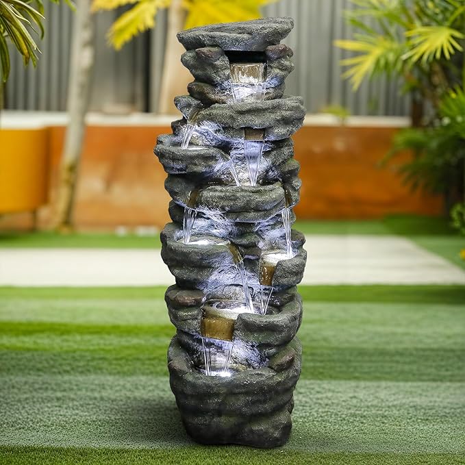 SunJet 51" High Multi-Tiers Cascading Rock Outdoor Water Fountain with LED Lights - Large Outdoor Resin Fountains and Waterfalls for Garden or Patio, Yard, Deck Decor, Featuring Natural Stone Look