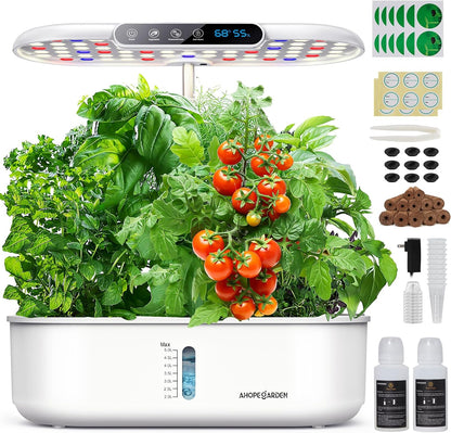 Ahopegarden Hydroponics Growing System with 12 Pods, Indoor Garden Kit with LED Grow Light & LCD Temp Humidity Display, Smart Quiet Pump Planter for Herbs, Lettuce, Vegetables, Kitchen Garden Use