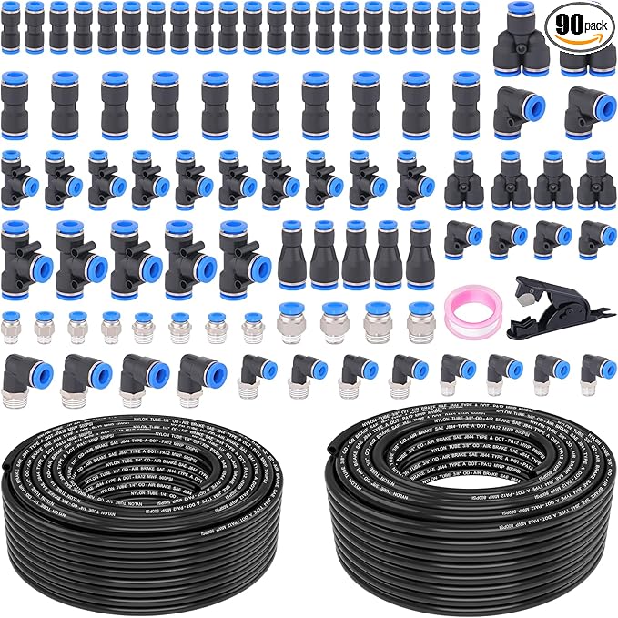 90 Pcs DOT Air Line with Quick Connect Air Fittings Kit 2 Roll 100FT 1/4" and 3/8" DOT Air Lines Kit with 88 Pcs Push Lock Air Line Fittings Pneumatic Push to Connect Air Hose Fitting