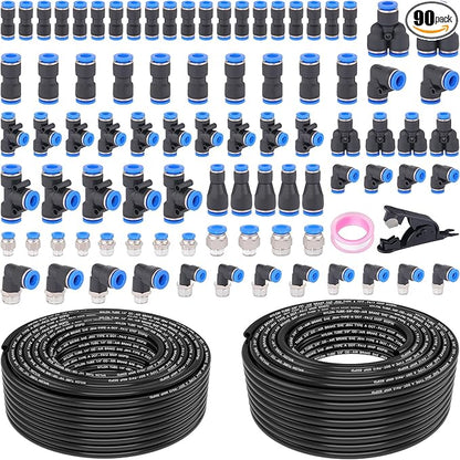 90 Pcs DOT Air Line with Quick Connect Air Fittings Kit 2 Roll 100FT 1/4" and 3/8" DOT Air Lines Kit with 88 Pcs Push Lock Air Line Fittings Pneumatic Push to Connect Air Hose Fitting