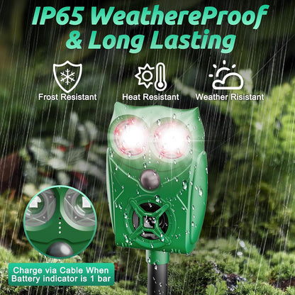 Solar-Powered Ultrasonic Animal Repellent with Motion Sensor, Waterproof Deer Repellent Device with Visual Indicator for Yard, Garden, and Plants, Effective to Repel Deer, Coyotes, Raccoons, and Cats