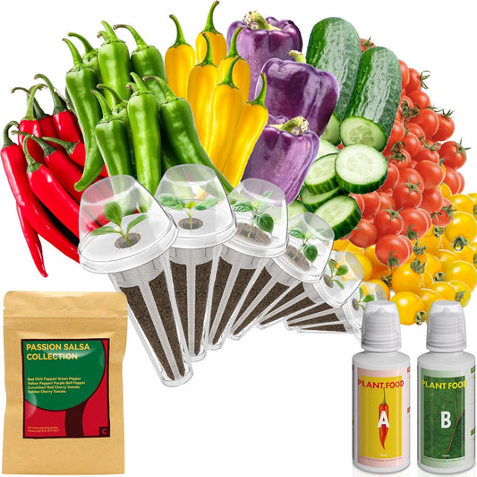 Salsa Garden Seed Pod Kit for AeroGarden, iDoo, Ahopegarden Hydroponic System, 400+ Seeds Includes Red Chili, Green, Yellow, and Purple Bell Pepper, Cucumber, Red/Golden Cherry Tomato (7-Pod)