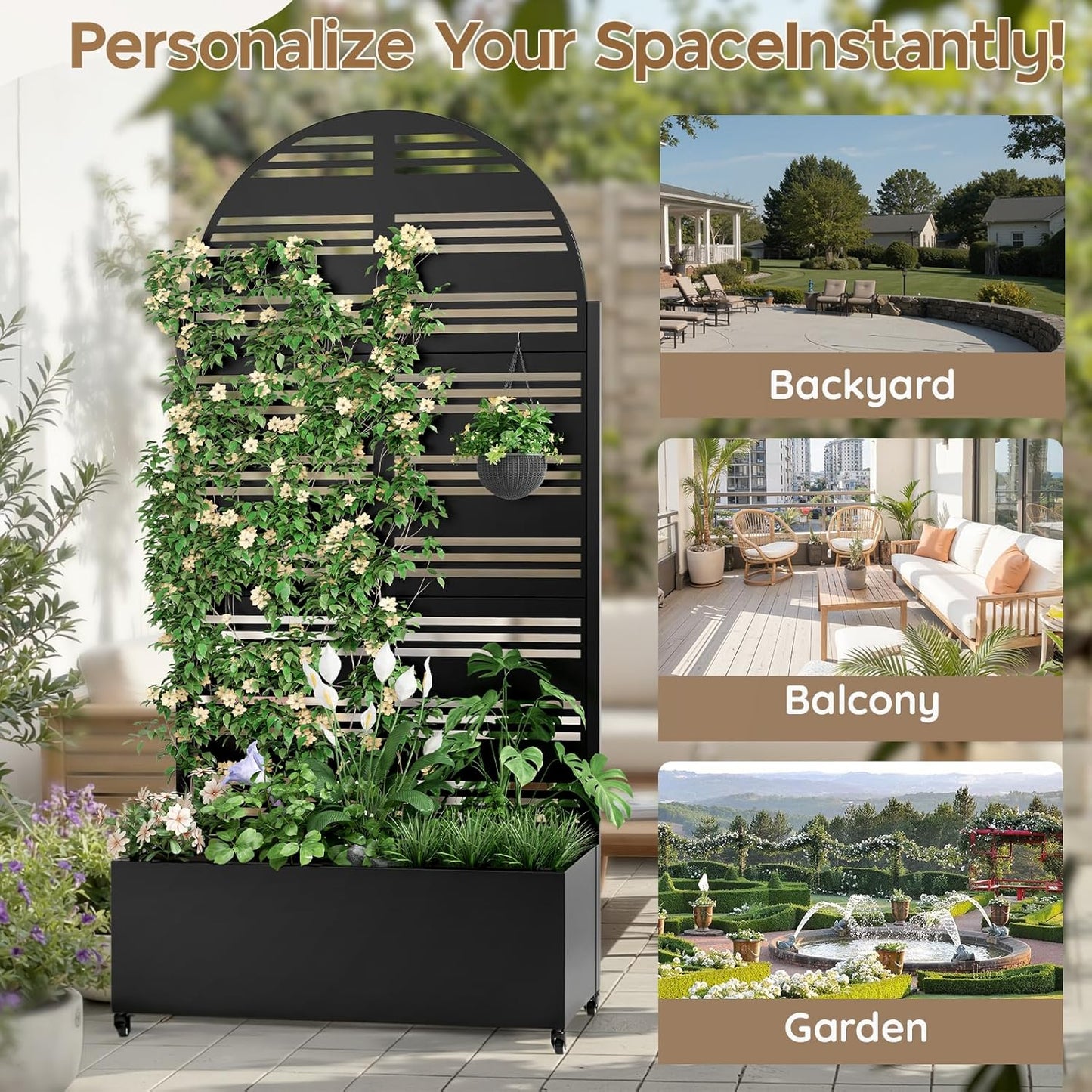 Metal Raised Garden Bed with Trellis & Wheels,72" x 35"x 15.7" Planter Box with Trellis,Privacy Planters for Patio,Garden Bed for Climbing Plants,Suitable for Climbing Plants and Vegetables,Black